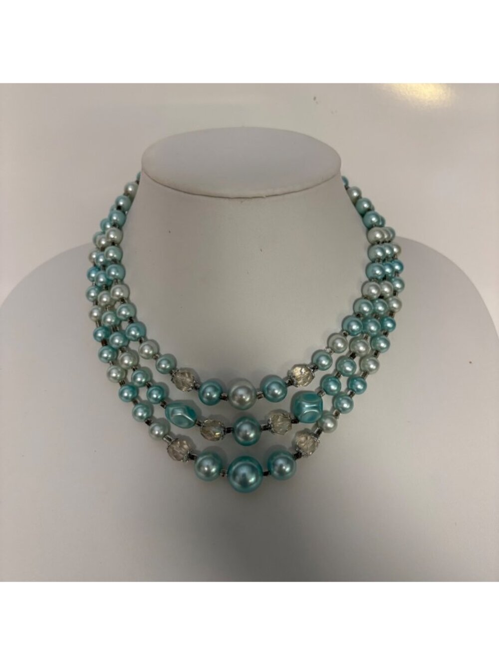 Vintage Triple Strand Faux Pearl Necklace Aqua Blue Beaded 50s Japan